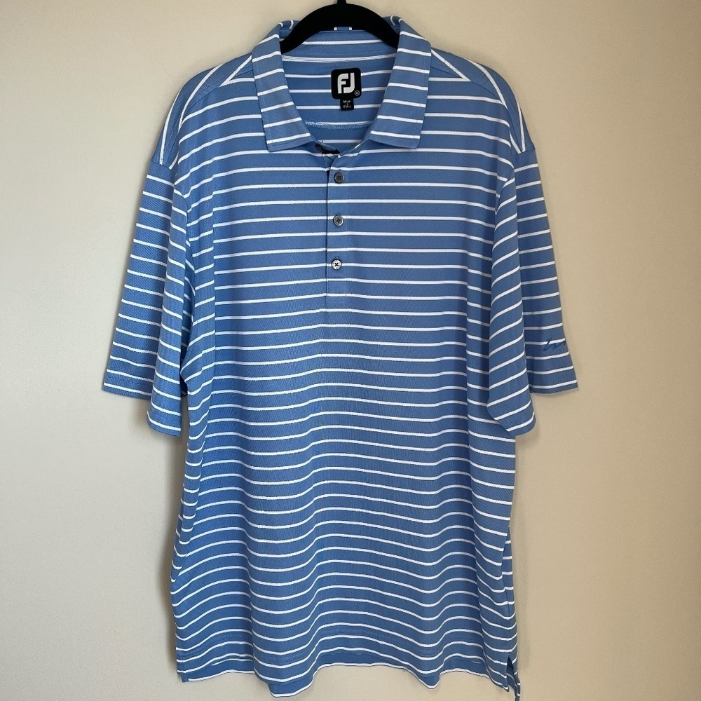 FootJoy Performance Golf Polo Shirt Blue & White Striped Stretch FJ Logo Mens XL
